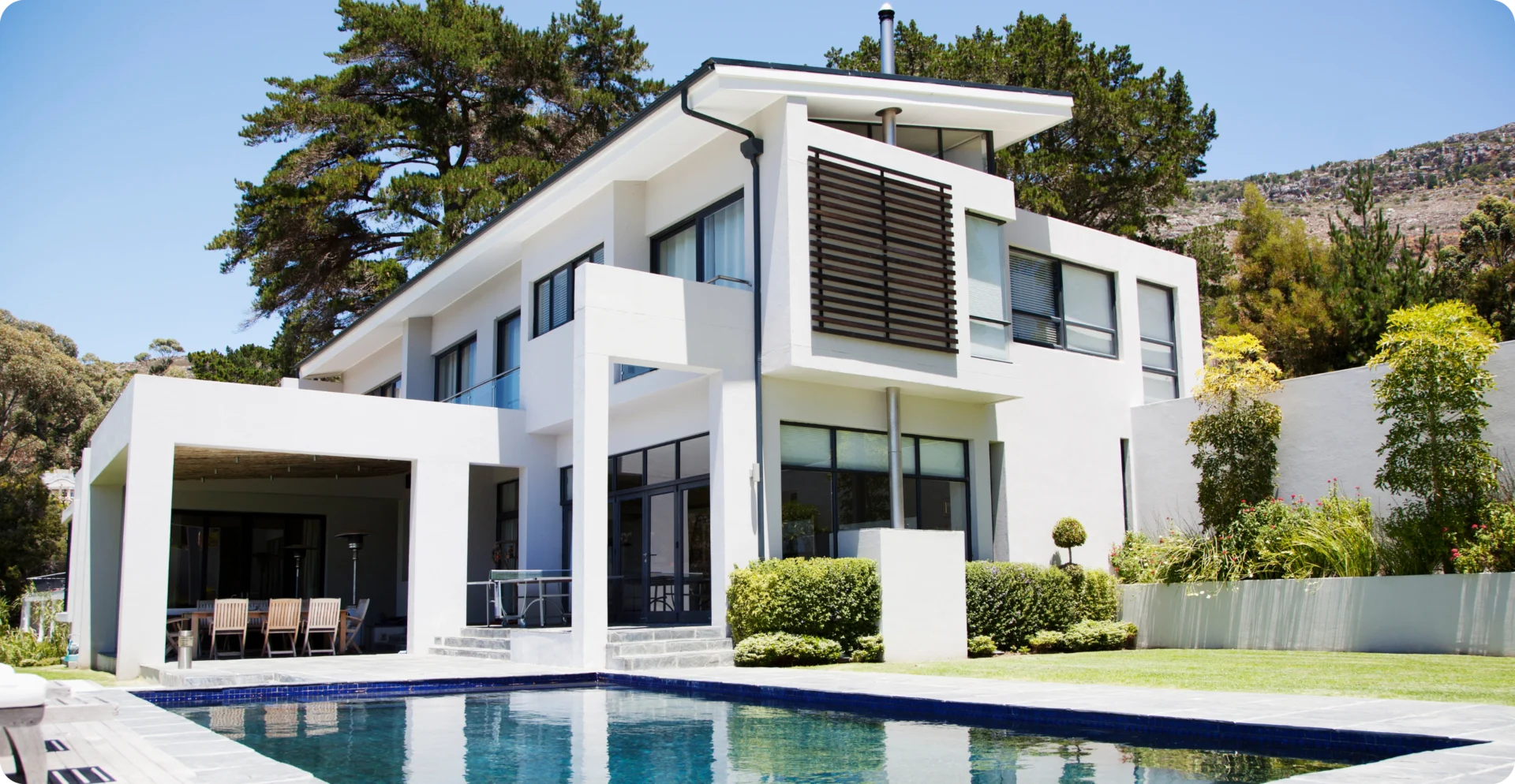 Modern white house with pool and garden.