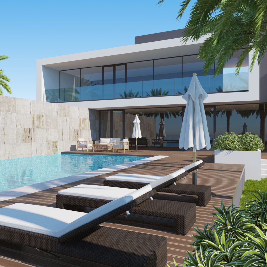 Modern villa with pool and sun loungers.
